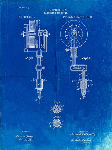 PP308-Faded Blueprint Tattooing Machine Patent Poster Black Ornate Wood Framed Art Print with Double Matting by Borders, Cole