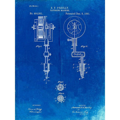 PP308-Faded Blueprint Tattooing Machine Patent Poster Gold Ornate Wood Framed Art Print with Double Matting by Borders, Cole