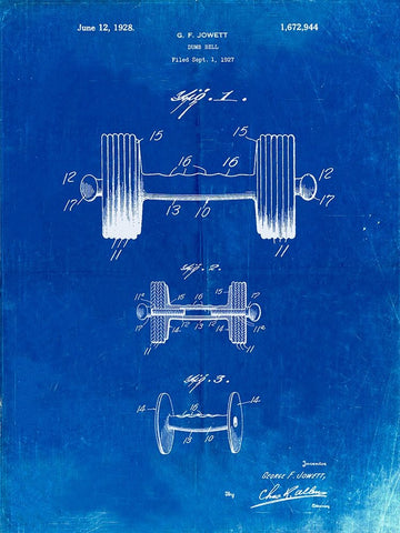 PP314-Faded Blueprint Dumbbell Patent Poster Black Ornate Wood Framed Art Print with Double Matting by Borders, Cole