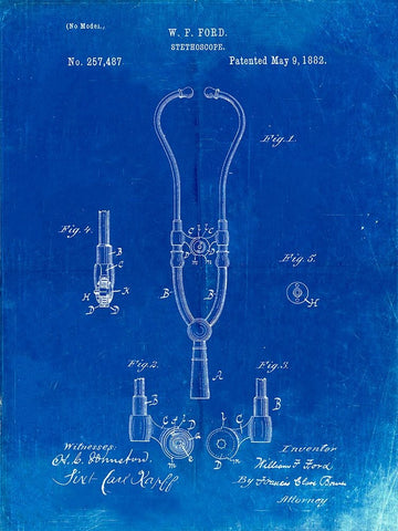 PP315-Faded Blueprint Stethoscope Patent Poster White Modern Wood Framed Art Print with Double Matting by Borders, Cole