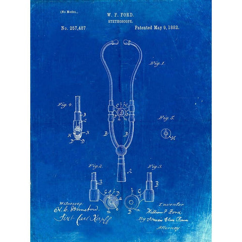 PP315-Faded Blueprint Stethoscope Patent Poster White Modern Wood Framed Art Print by Borders, Cole