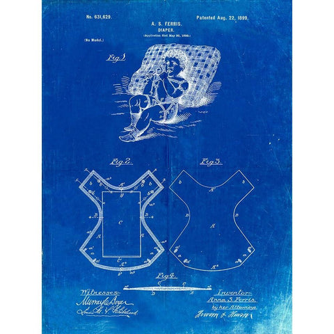 PP317-Faded Blueprint Cloth Baby Diaper Patent Poster White Modern Wood Framed Art Print by Borders, Cole