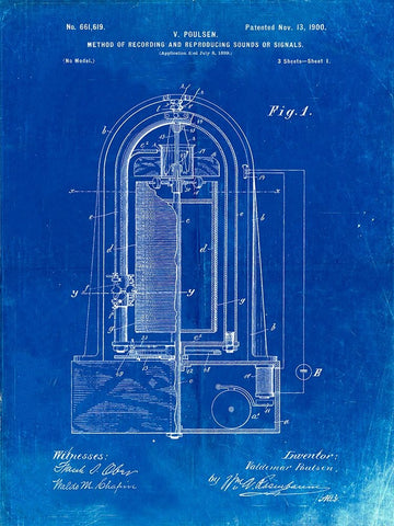 PP318-Faded Blueprint Poulsen Magnetic Wire Recorder 1900 Patent Poster Black Ornate Wood Framed Art Print with Double Matting by Borders, Cole