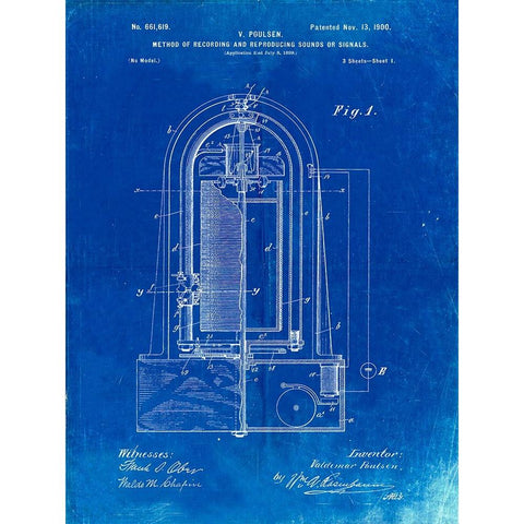 PP318-Faded Blueprint Poulsen Magnetic Wire Recorder 1900 Patent Poster White Modern Wood Framed Art Print by Borders, Cole