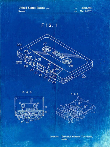 PP319-Faded Blueprint Cassette Tape Patent Poster Black Ornate Wood Framed Art Print with Double Matting by Borders, Cole
