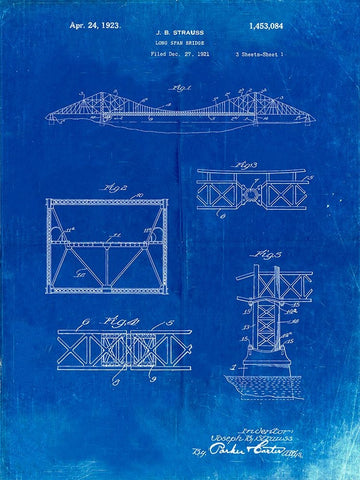 PP350-Faded Blueprint Golden Gate Bridge Patent Poster White Modern Wood Framed Art Print with Double Matting by Borders, Cole