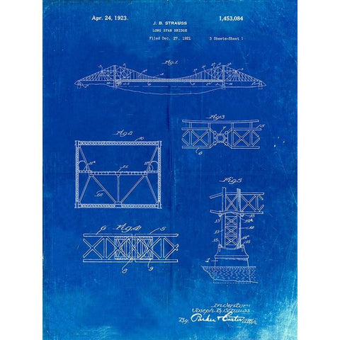 PP350-Faded Blueprint Golden Gate Bridge Patent Poster Black Modern Wood Framed Art Print with Double Matting by Borders, Cole