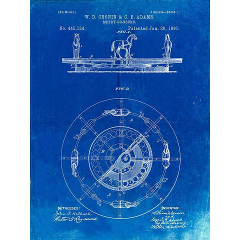 PP351-Faded Blueprint Carousel 1891 Patent Poster Black Modern Wood Framed Art Print with Double Matting by Borders, Cole