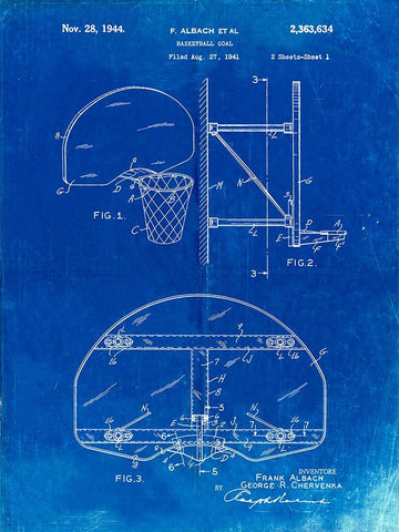 PP381-Faded Blueprint Basketball Goal Patent Print Black Ornate Wood Framed Art Print with Double Matting by Borders, Cole