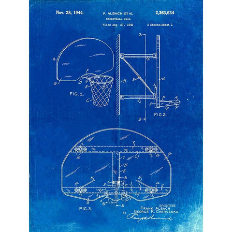 PP381-Faded Blueprint Basketball Goal Patent Print Black Modern Wood Framed Art Print with Double Matting by Borders, Cole