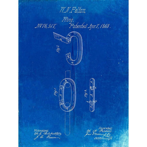 PP402-Faded Blueprint Carabiner Ring 1868 Patent Poster White Modern Wood Framed Art Print by Borders, Cole