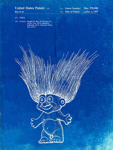 PP406-Faded Blueprint Troll Doll Patent Poster White Modern Wood Framed Art Print with Double Matting by Borders, Cole