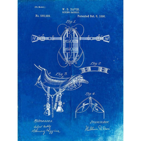 PP444-Faded Blueprint Horse Saddle Patent Poster White Modern Wood Framed Art Print by Borders, Cole