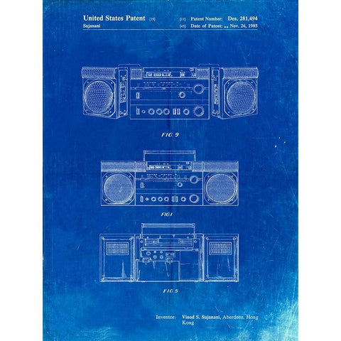 PP448-Faded Blueprint Hitachi Boom Box Patent Poster White Modern Wood Framed Art Print by Borders, Cole