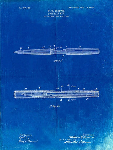 PP494-Faded Blueprint Sanford Fountain Pen 1905 Patent Poster Black Ornate Wood Framed Art Print with Double Matting by Borders, Cole