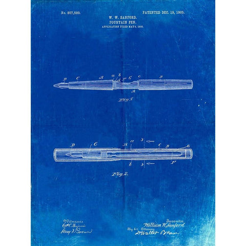 PP494-Faded Blueprint Sanford Fountain Pen 1905 Patent Poster Black Modern Wood Framed Art Print by Borders, Cole