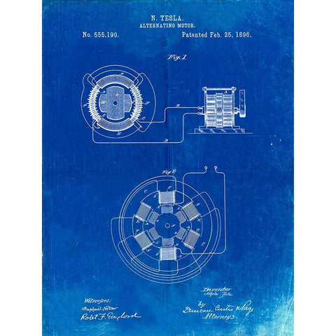 PP505-Faded Blueprint Tesla Alternating Motor Patent Poster White Modern Wood Framed Art Print by Borders, Cole