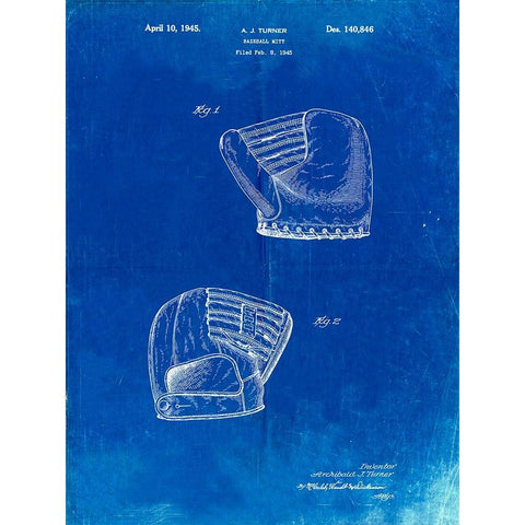 PP538-Faded Blueprint A.J. Turner Baseball Mitt Patent Poster White Modern Wood Framed Art Print by Borders, Cole