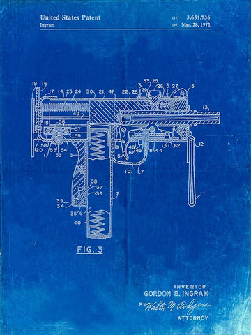 PP584-Faded Blueprint Mac-10 Uzi Patent Poster Black Ornate Wood Framed Art Print with Double Matting by Borders, Cole