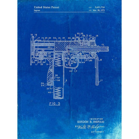 PP584-Faded Blueprint Mac-10 Uzi Patent Poster White Modern Wood Framed Art Print by Borders, Cole