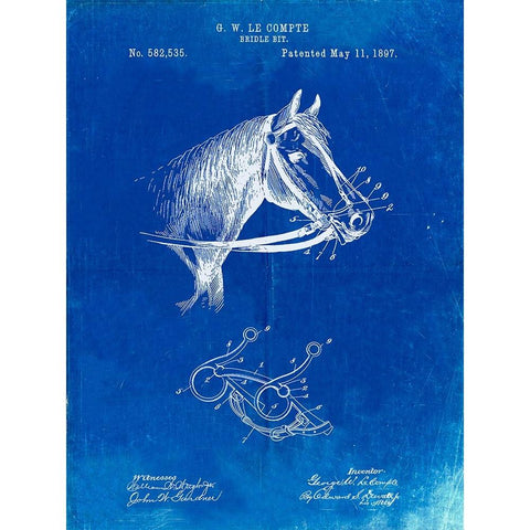 PP611-Faded Blueprint Horse Bridle Bit Poster White Modern Wood Framed Art Print by Borders, Cole