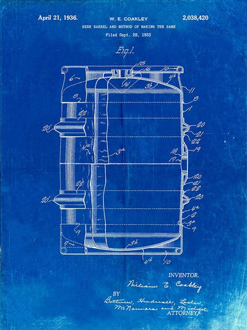 PP727-Faded Blueprint Beer Barrel Patent Poster White Modern Wood Framed Art Print with Double Matting by Borders, Cole