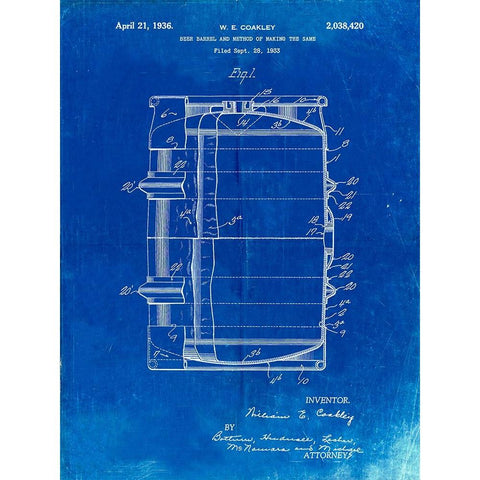 PP727-Faded Blueprint Beer Barrel Patent Poster Black Modern Wood Framed Art Print by Borders, Cole
