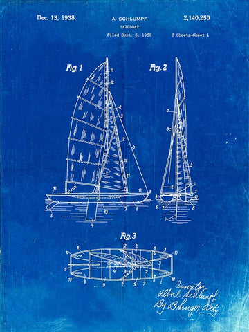 PP769-Faded Blueprint Collapsable Sailboat Poster White Modern Wood Framed Art Print with Double Matting by Borders, Cole