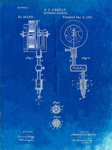 PP814-Faded Blueprint First Tattoo Machine Patent Poster White Modern Wood Framed Art Print with Double Matting by Borders, Cole