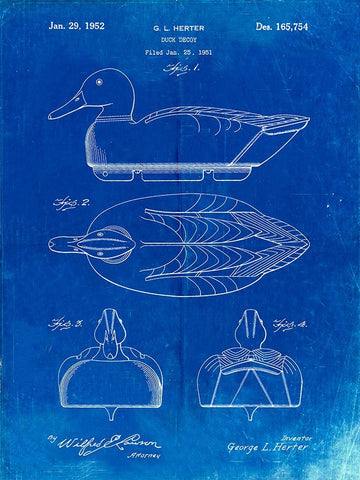 PP1001-Faded Blueprint Propelled Duck Decoy Patent Poster White Modern Wood Framed Art Print with Double Matting by Borders, Cole