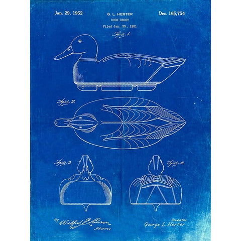 PP1001-Faded Blueprint Propelled Duck Decoy Patent Poster Black Modern Wood Framed Art Print with Double Matting by Borders, Cole