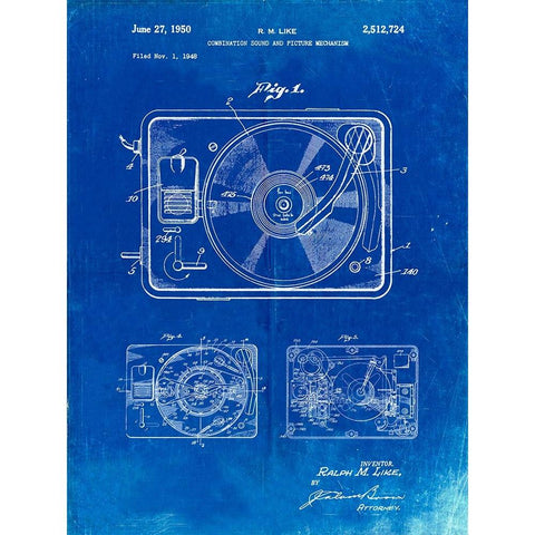 PP1009-Faded Blueprint Record Player Patent Poster Gold Ornate Wood Framed Art Print with Double Matting by Borders, Cole