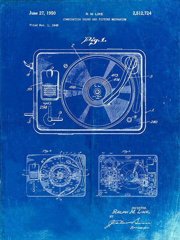 PP1009-Faded Blueprint Record Player Patent Poster Black Ornate Wood Framed Art Print with Double Matting by Borders, Cole