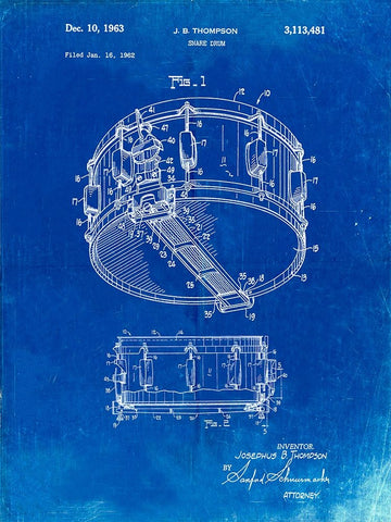 PP1018-Faded Blueprint Rogers Snare Drum Patent Poster Black Ornate Wood Framed Art Print with Double Matting by Borders, Cole