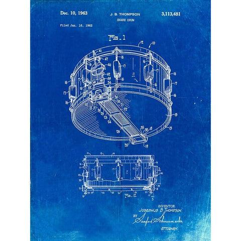 PP1018-Faded Blueprint Rogers Snare Drum Patent Poster White Modern Wood Framed Art Print by Borders, Cole