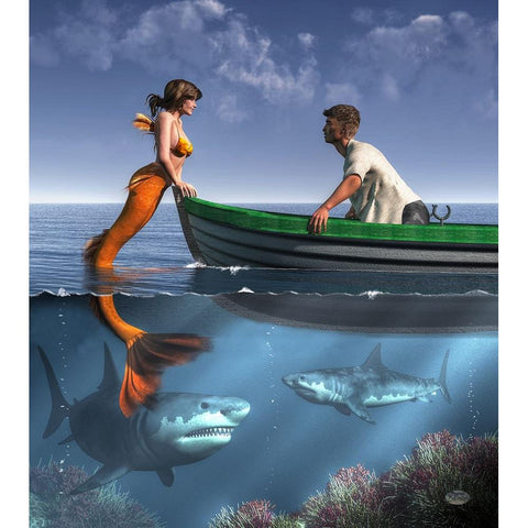 A Mermaid And Her Pets Gold Ornate Wood Framed Art Print with Double Matting by Eskridge, Daniel