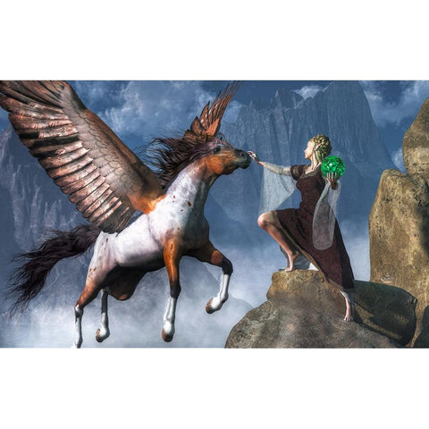 Elf Summoning A Pegasus Black Modern Wood Framed Art Print by Eskridge, Daniel