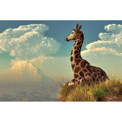 Giraffe And Distant Mountain White Modern Wood Framed Art Print by Eskridge, Daniel