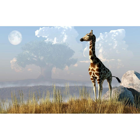 Giraffe And Giant Tree White Modern Wood Framed Art Print by Eskridge, Daniel