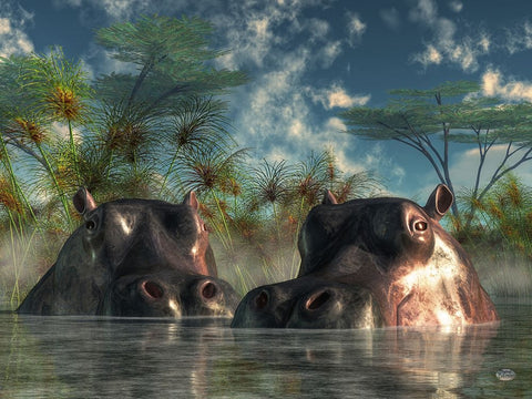 Hippos Coming To Get You Black Ornate Wood Framed Art Print with Double Matting by Eskridge, Daniel