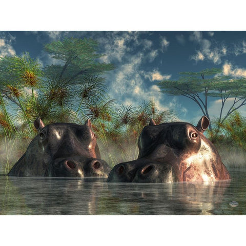 Hippos Coming To Get You Black Modern Wood Framed Art Print with Double Matting by Eskridge, Daniel