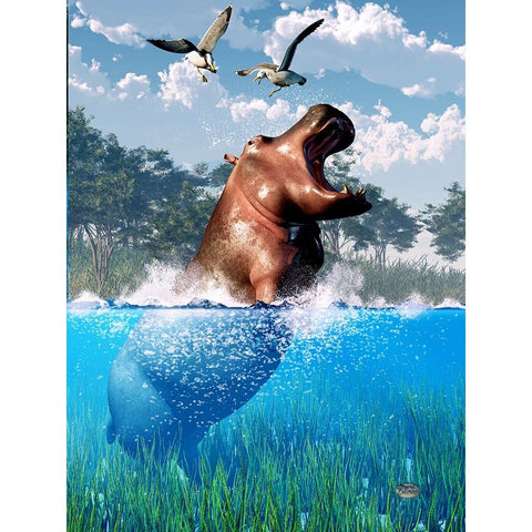 Lunging Hippo White Modern Wood Framed Art Print by Eskridge, Daniel