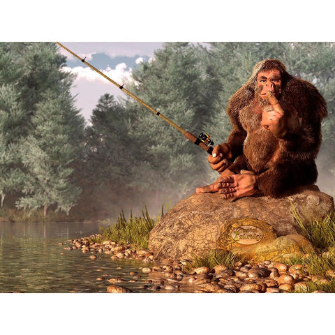 Squatch Fishing Black Modern Wood Framed Art Print with Double Matting by Eskridge, Daniel