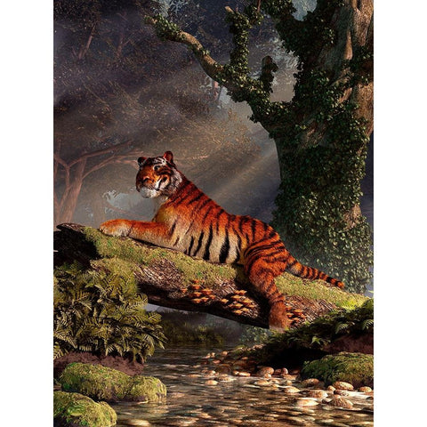 Tiger On A Log Black Modern Wood Framed Art Print with Double Matting by Eskridge, Daniel