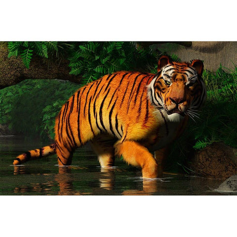 Wading Tiger Gold Ornate Wood Framed Art Print with Double Matting by Eskridge, Daniel