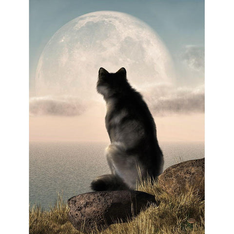 Wolf Watching The Moonrise White Modern Wood Framed Art Print by Eskridge, Daniel