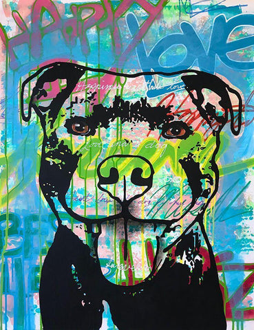 Happy Love Pitbull White Modern Wood Framed Art Print with Double Matting by Dean Russo Collection