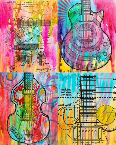 Four Guitars White Modern Wood Framed Art Print with Double Matting by Dean Russo Collection