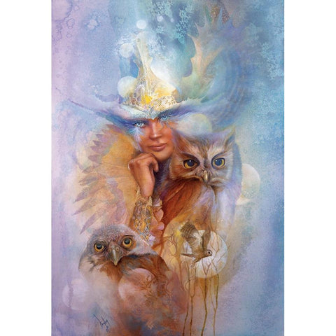 Athena And The Owls White Modern Wood Framed Art Print by Lund, Denton