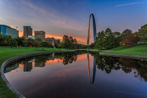 Gateway Arch Reflection Sunset Black Ornate Wood Framed Art Print with Double Matting by Galloimages Online